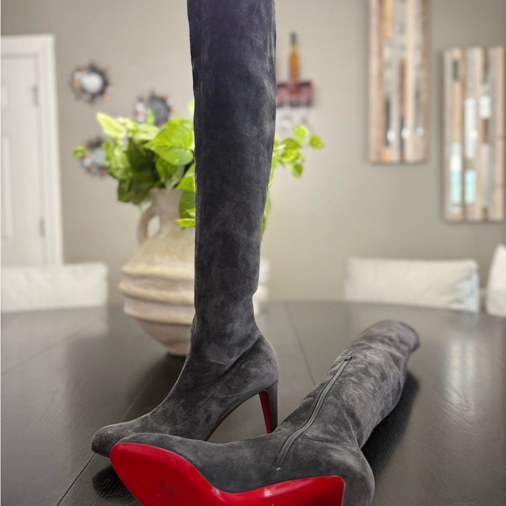 Christian Louboutin Gray Heeled Boots with Red Soles